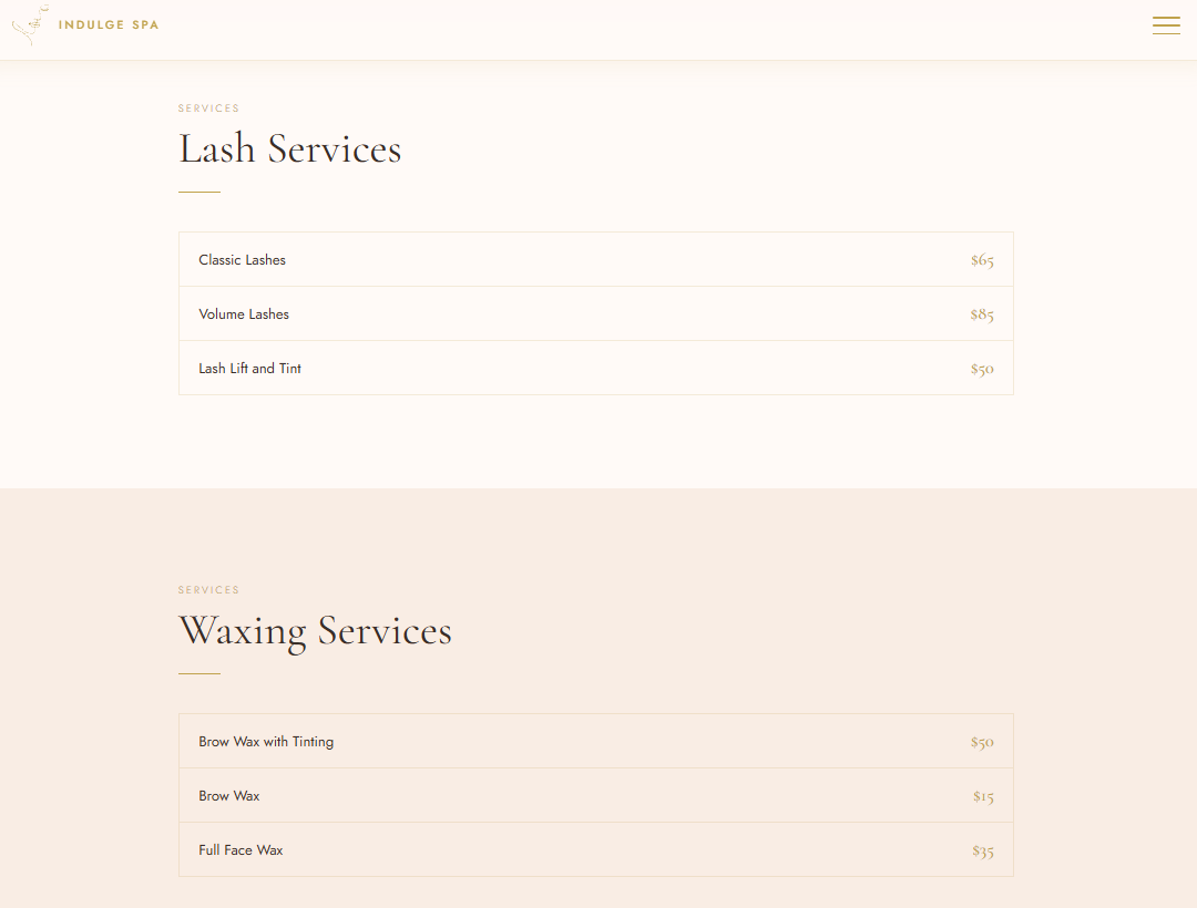 Indulge Spa website screenshot